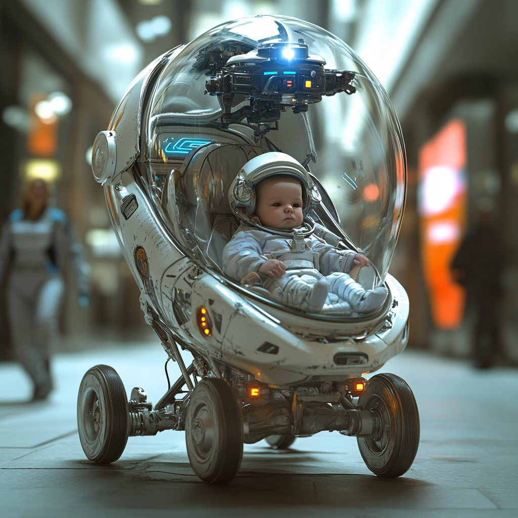 Futuristic baby stroller with armor, machine guns, and mom.