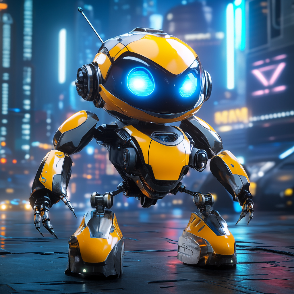 Futuristic battle robot with yellow armor, blue eyes. Ready for combat.