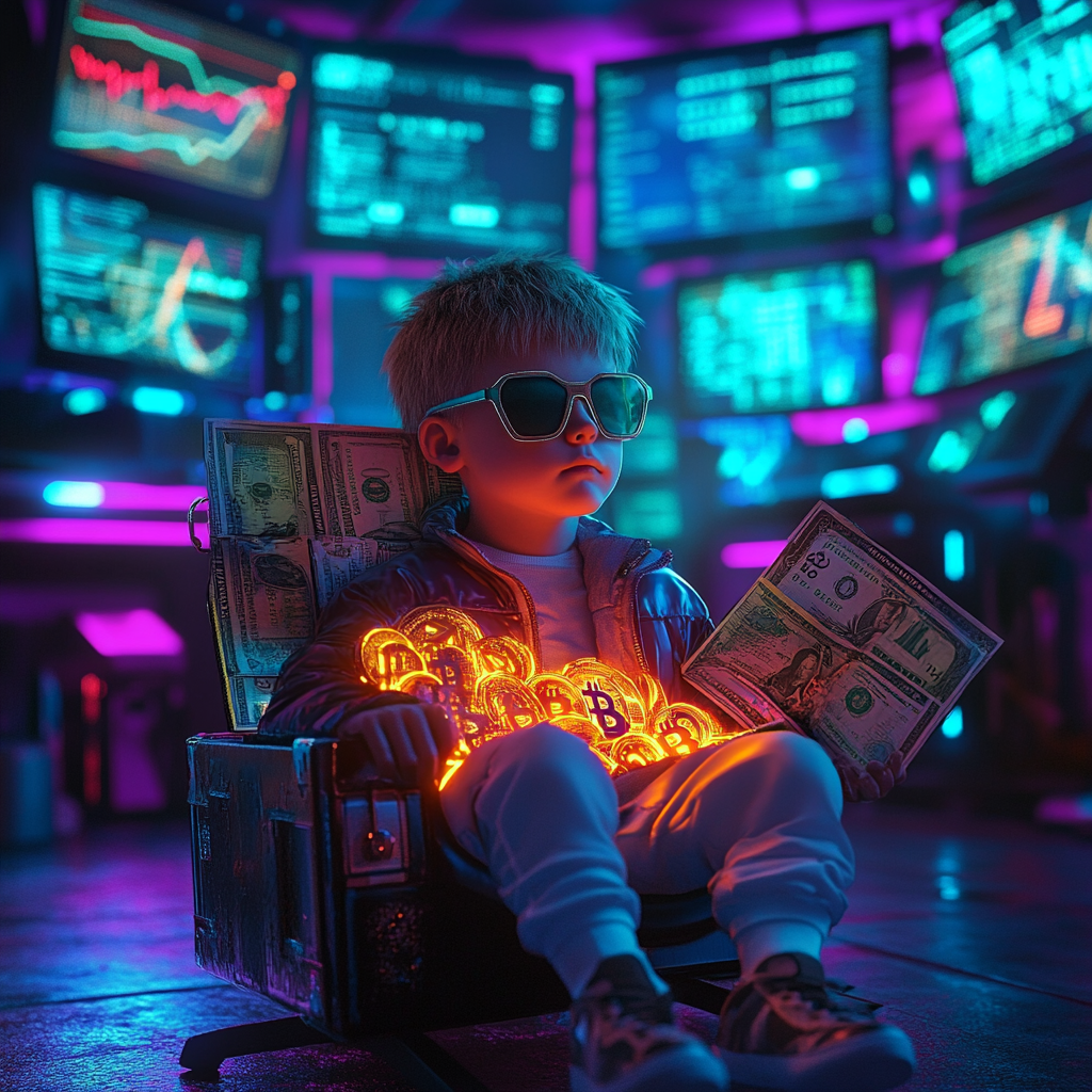 Futuristic boy with dollar chair and cryptocurrency coins.