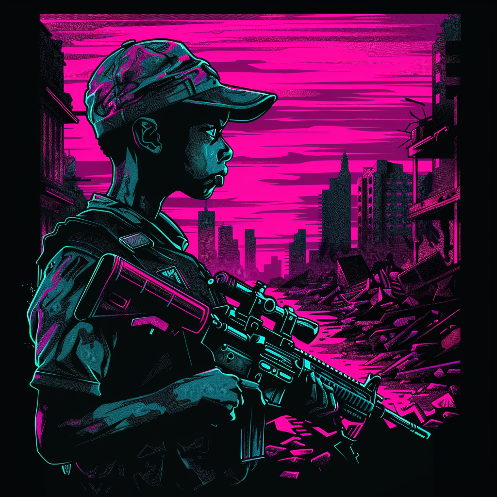 Futuristic child soldier in neon ruined city