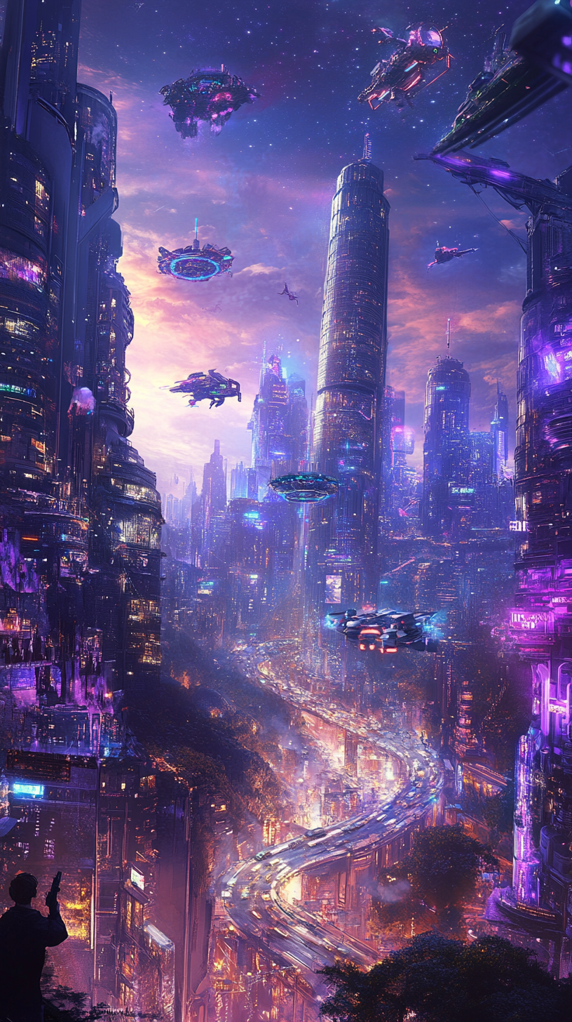 Futuristic city at dusk with magical forests and dragons.