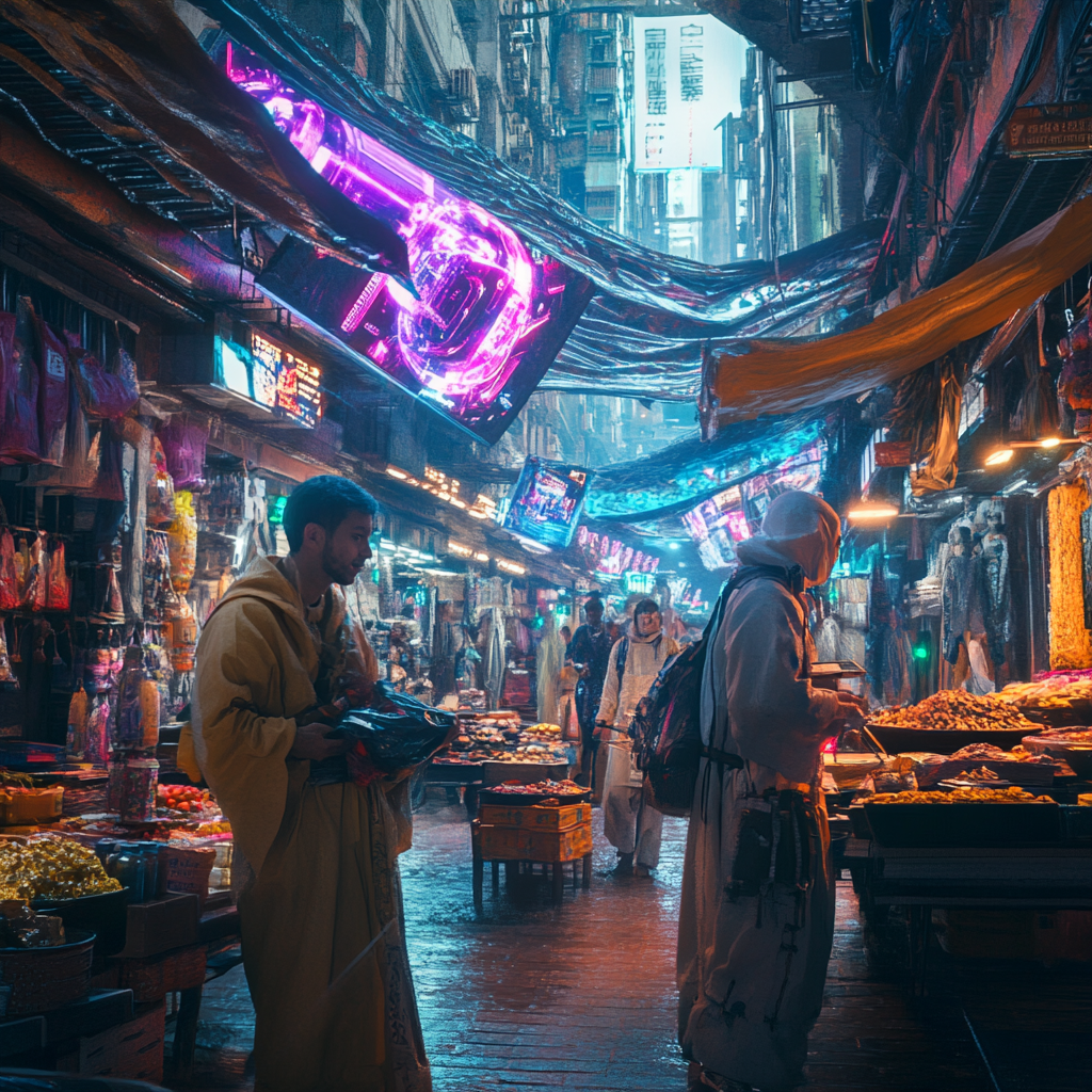 Futuristic city bazaar with exotic goods and holographic signs 