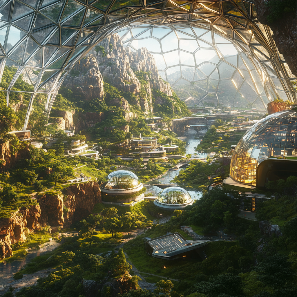 Futuristic city in dome with nature and technology blend.