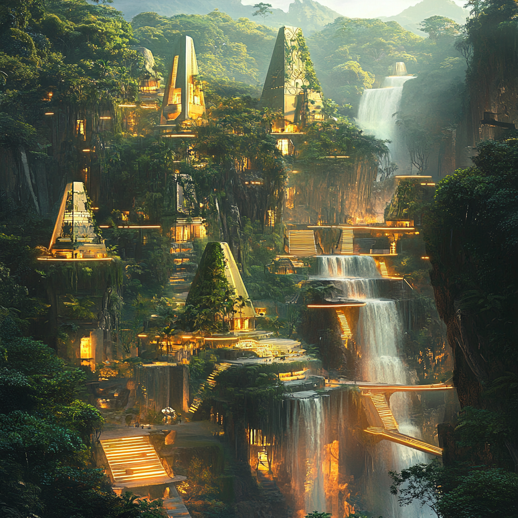 Futuristic city in lush jungle with Aztec-inspired design.