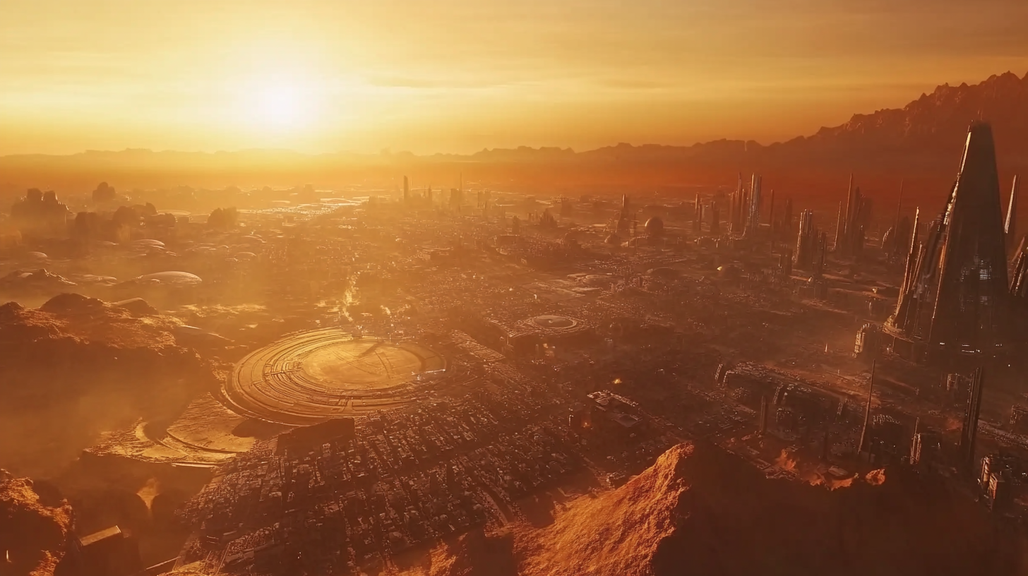 Futuristic city resembling Ancient Rome under red sun