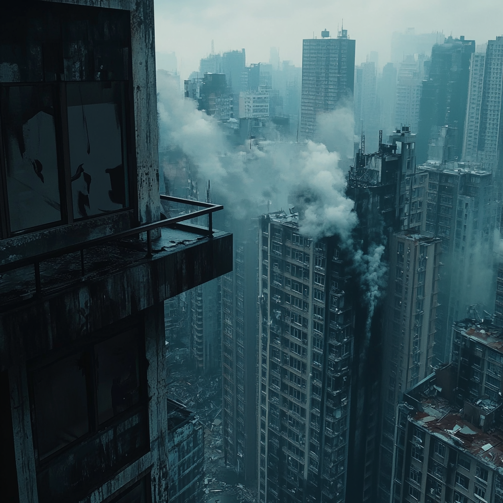 Futuristic city view from damaged building top.