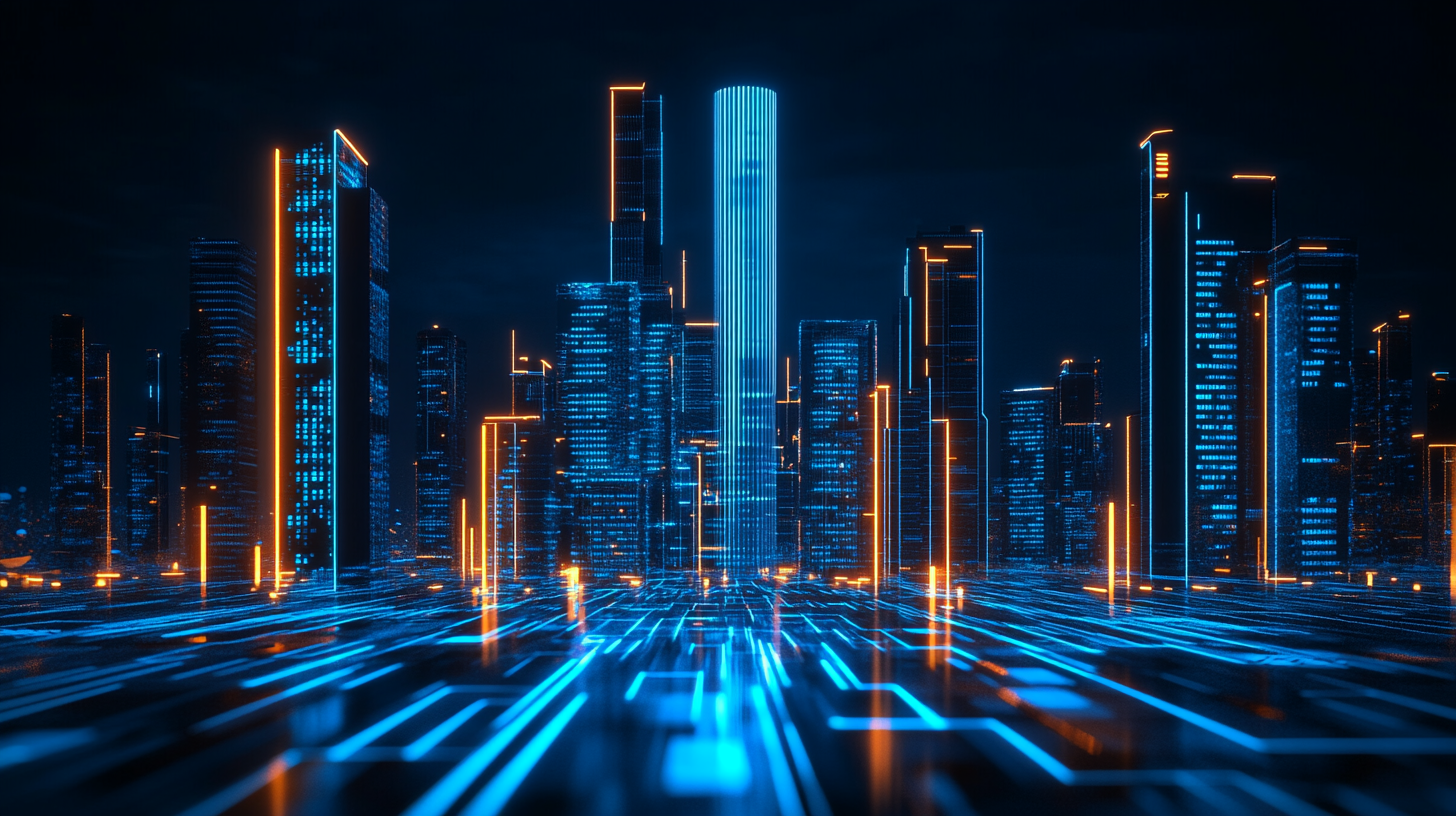 Futuristic city with electric towers and neon lines building.