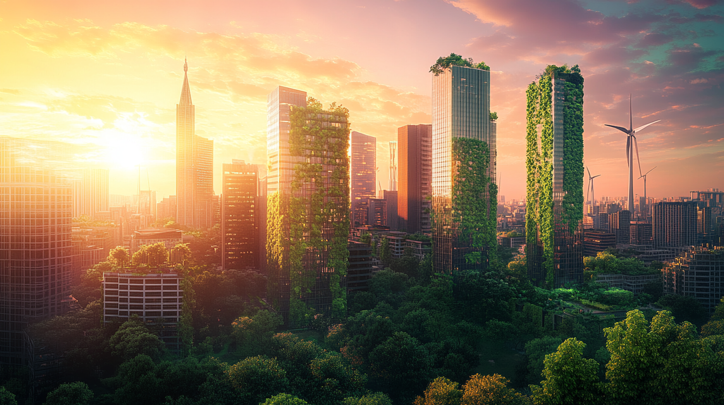 Futuristic city with green skyscrapers, rooftop gardens, renewable energy.