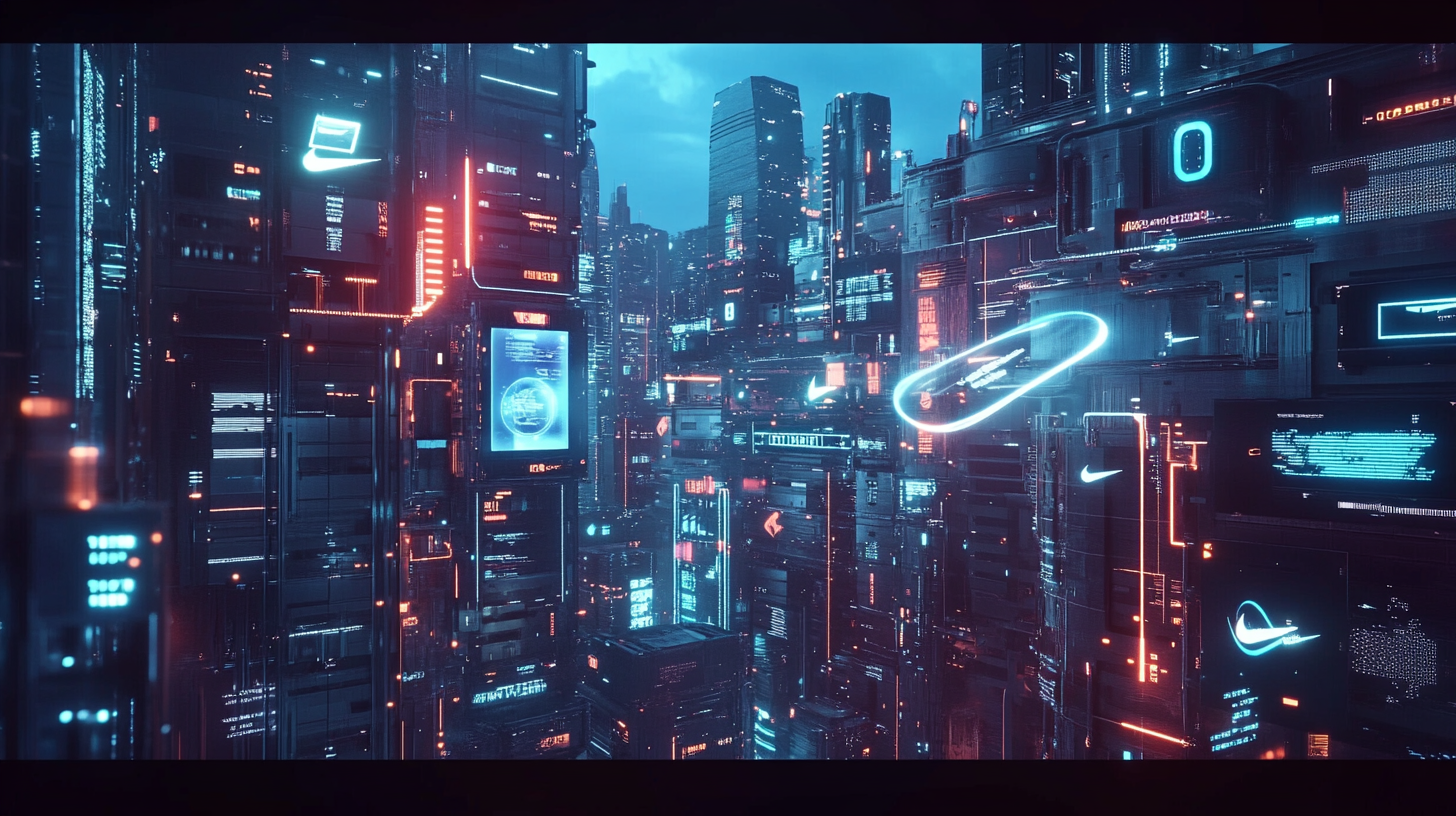 Futuristic city with holograms, neon lights, high-tech Nike.