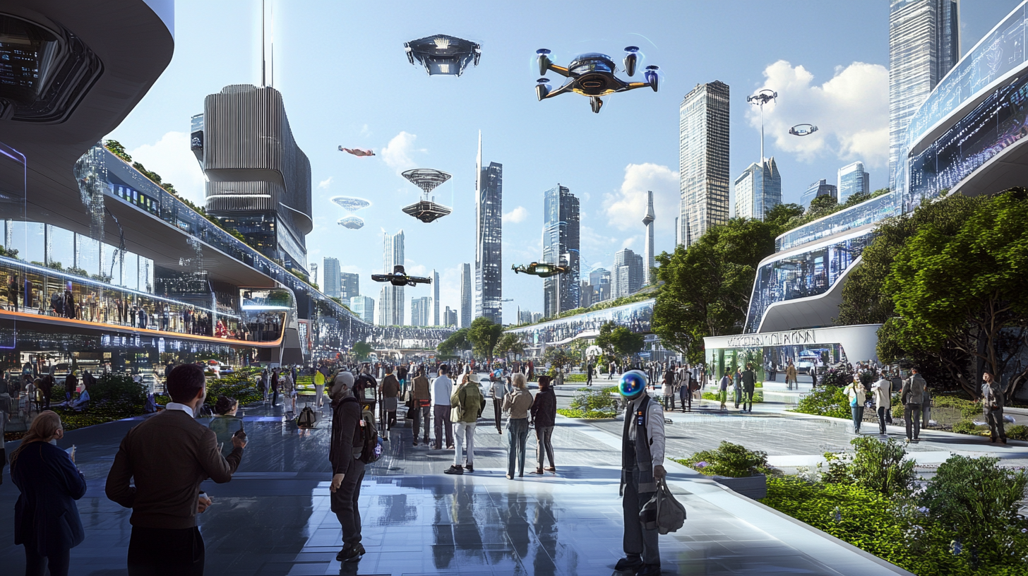 Futuristic city with holographic displays, smart infrastructure, diverse people.