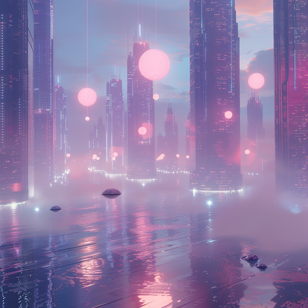 Futuristic city with tall skyscrapers floating above water.