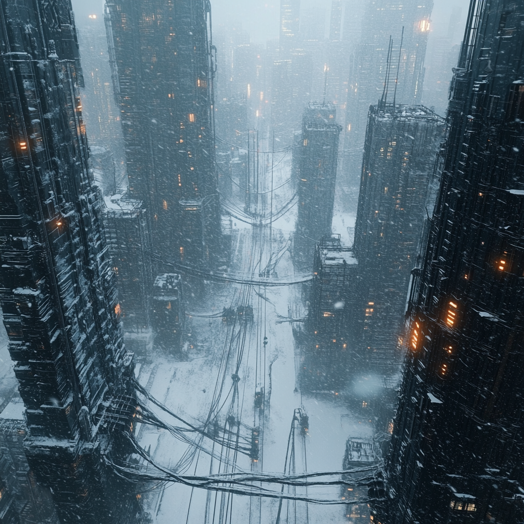 Futuristic city without technology ruled by thick cables.