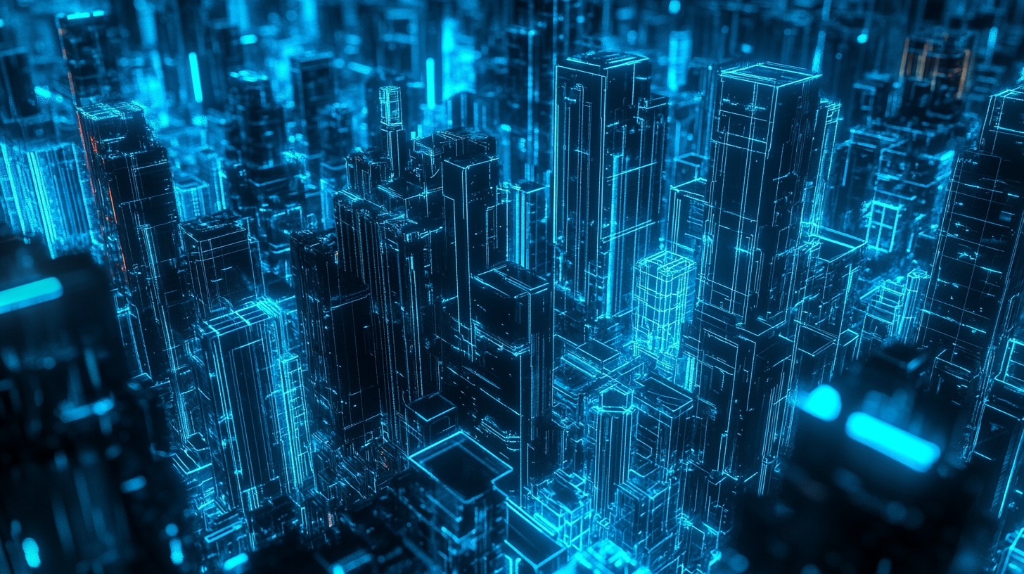 Futuristic cityscape with neon lights in blue background.