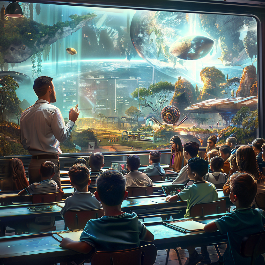 Futuristic classroom with teacher motivating students in hyperrealistic image.