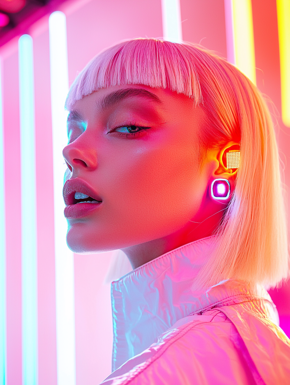 Futuristic female model in a club with neon colors