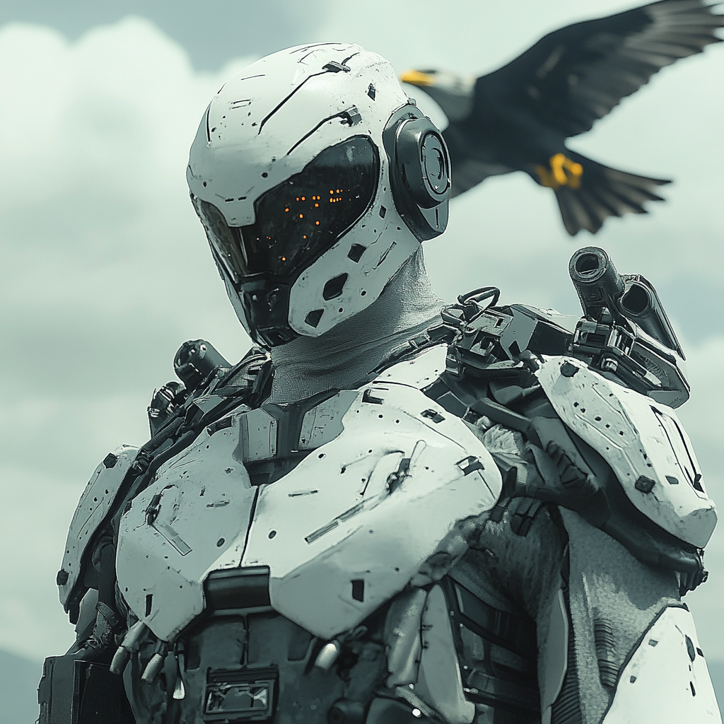 Futuristic combat suit with shoulder canons and lasers. Cyborg Eagle.