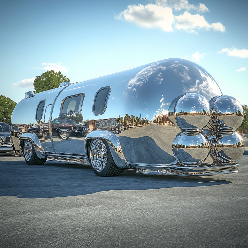 Futuristic cool low rider airstream trailer behind truck