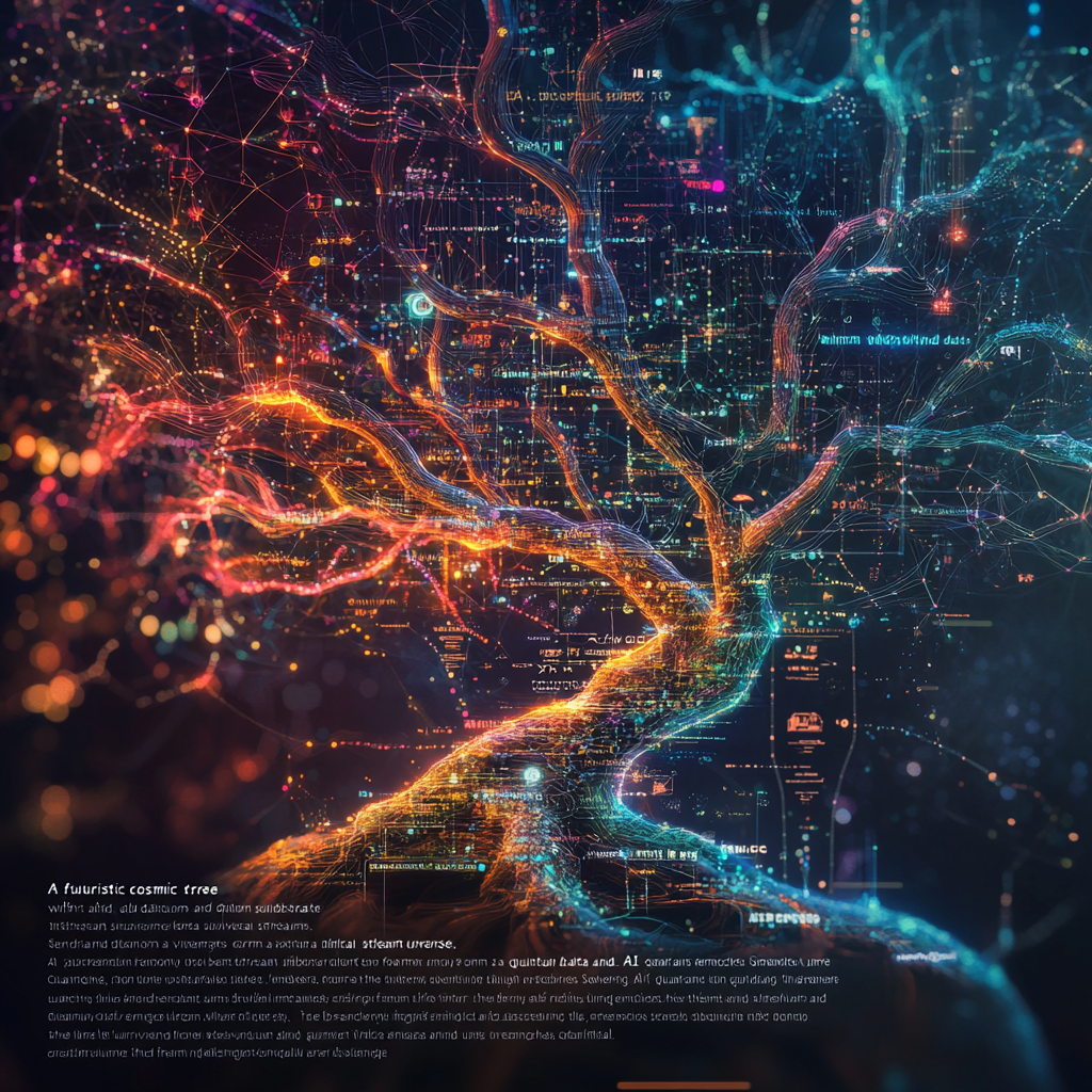 Futuristic cosmic tree with AI guardians emerging.