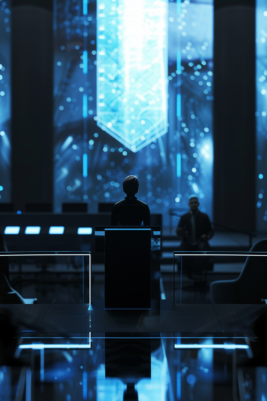 Futuristic courtroom with LED lighting, digital screens, sleek setting.