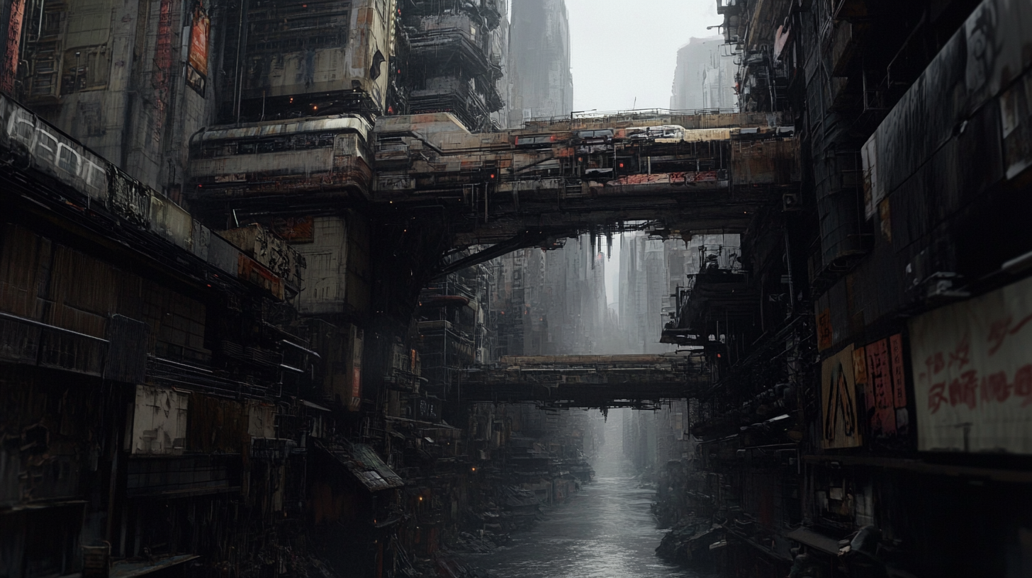 Futuristic cyberpunk alley in enormous city with bridges.