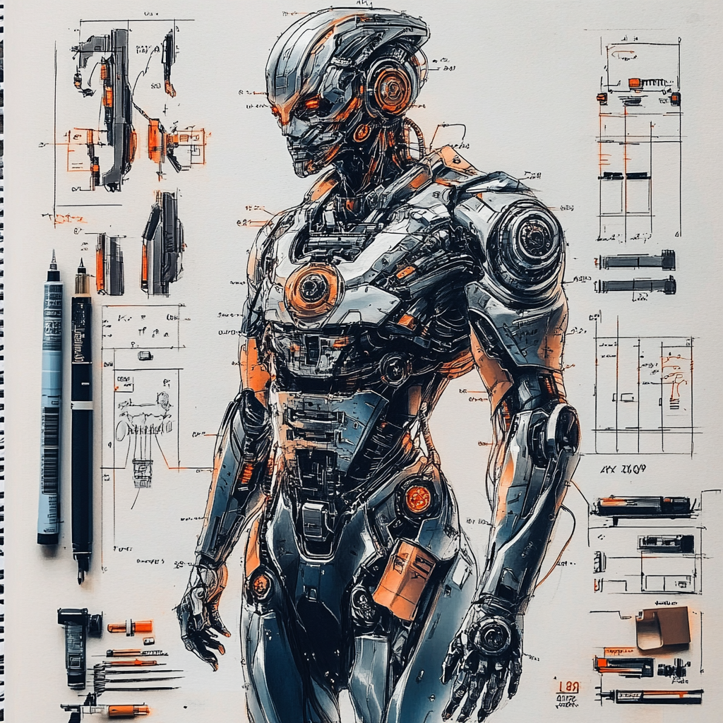 Futuristic cyborg design: high-tech, lifelike and dynamic pose.