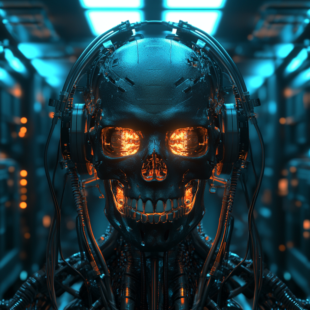 Futuristic cyborg skull with cables in dark sci-fi setting.