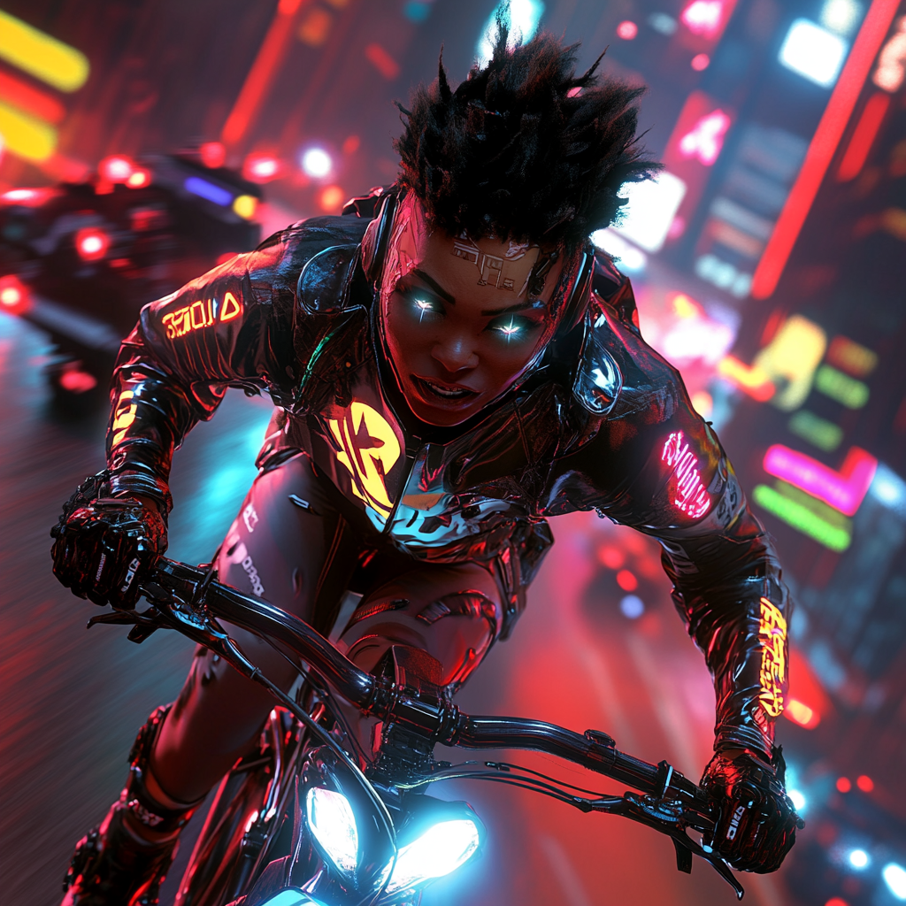 Futuristic cyclist evades police in cyberpunk cityscape