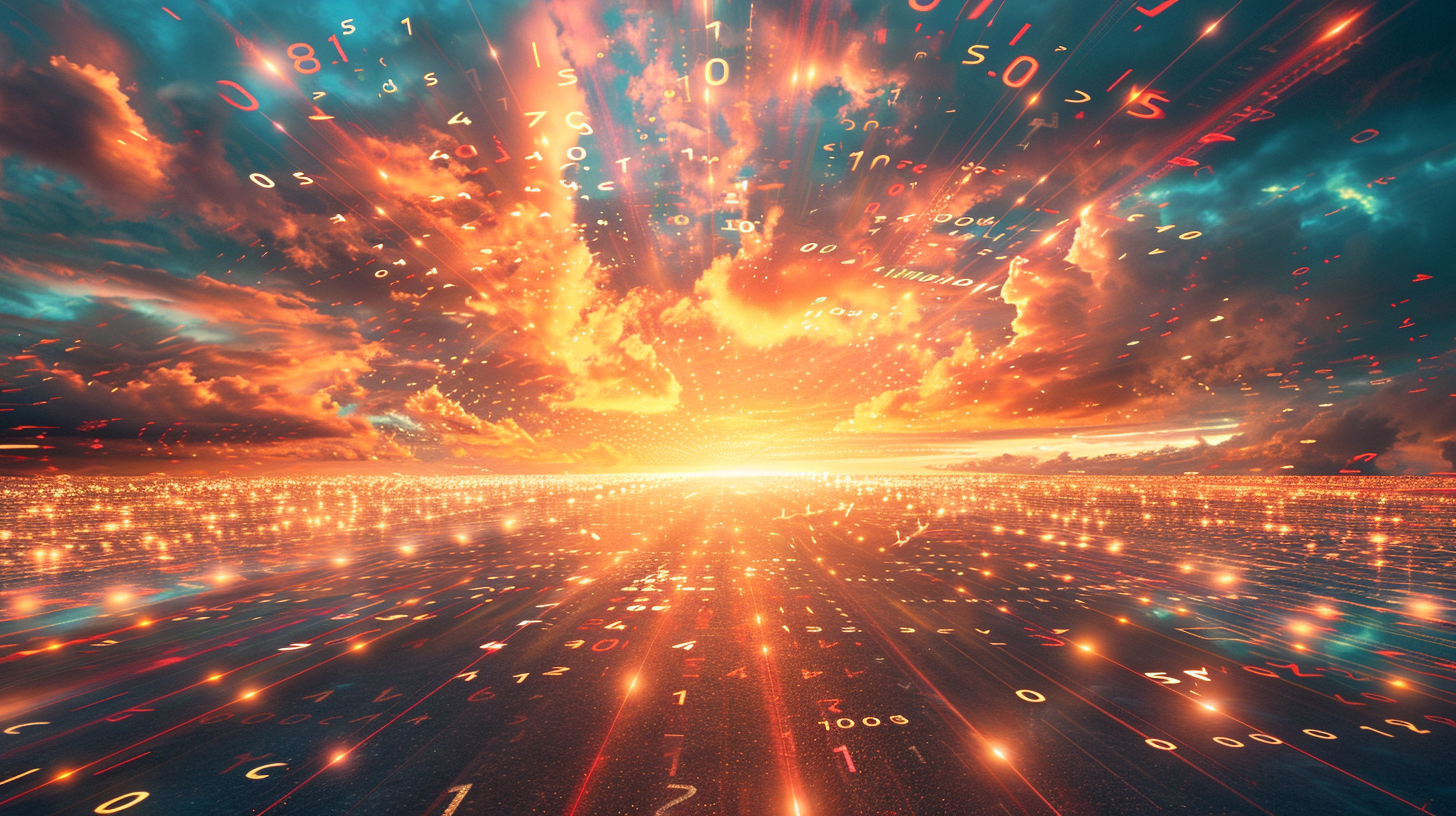 Futuristic digital pixel clouds road to sunrise stock photo.