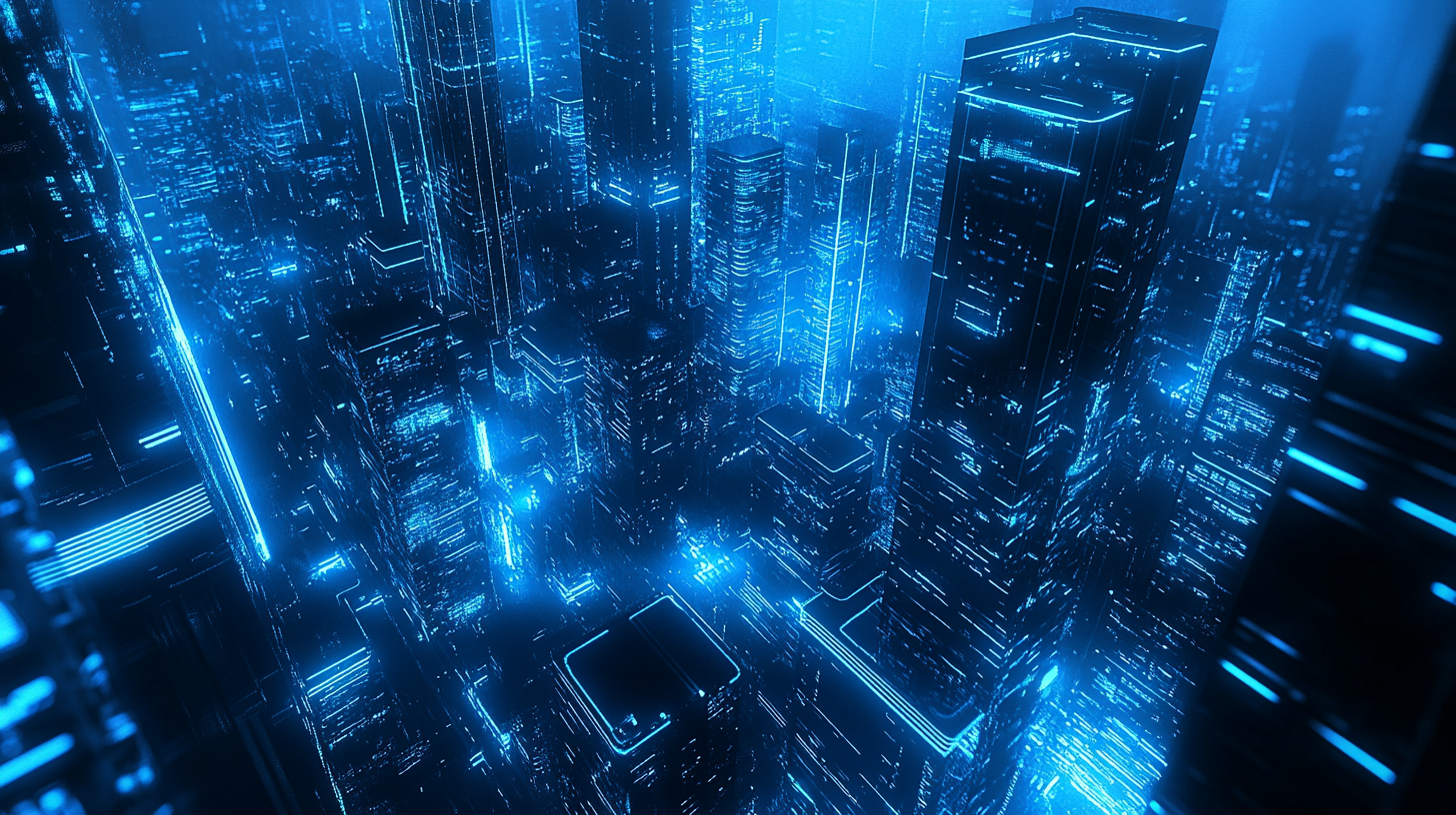 Futuristic electric city with black and blue high-rises.