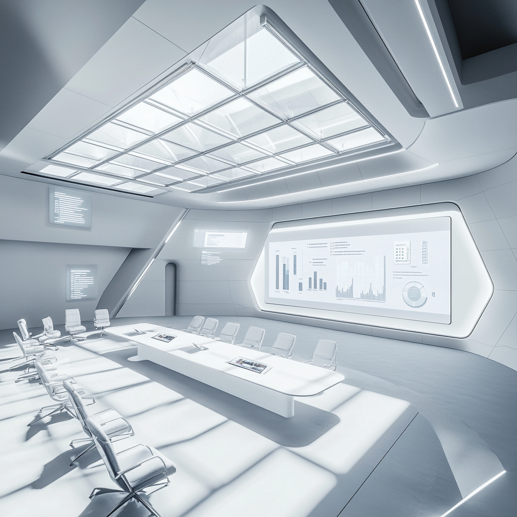 Futuristic empty conference room with holographic charts show.