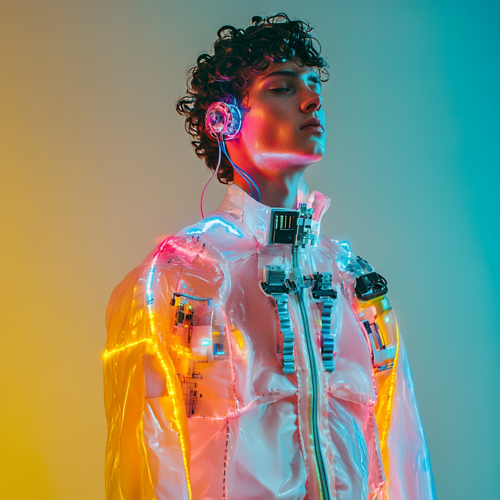 Futuristic fashion model wearing vibrant plastic outfit.