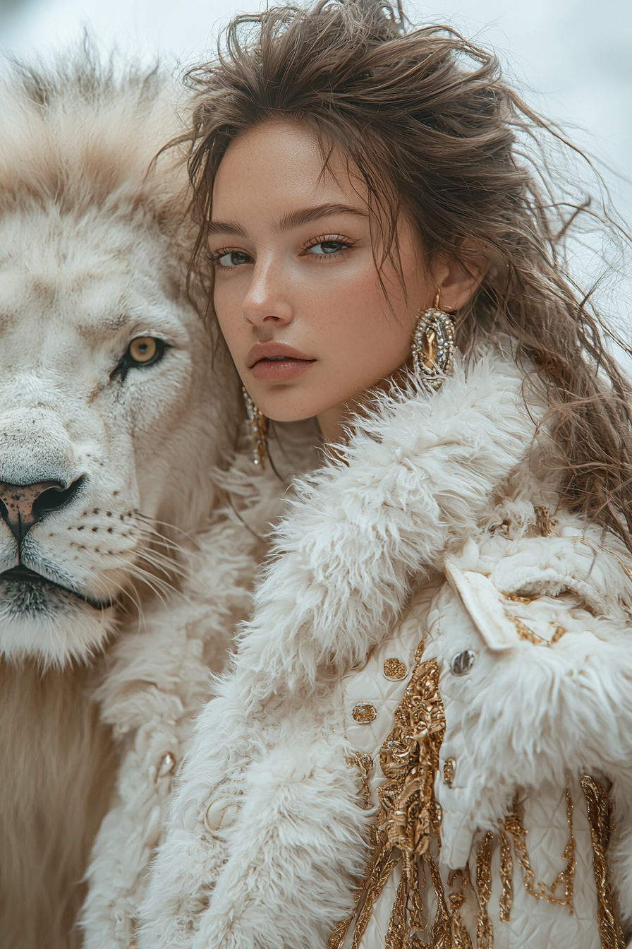 Futuristic fashion model with lion in high resolution photo.