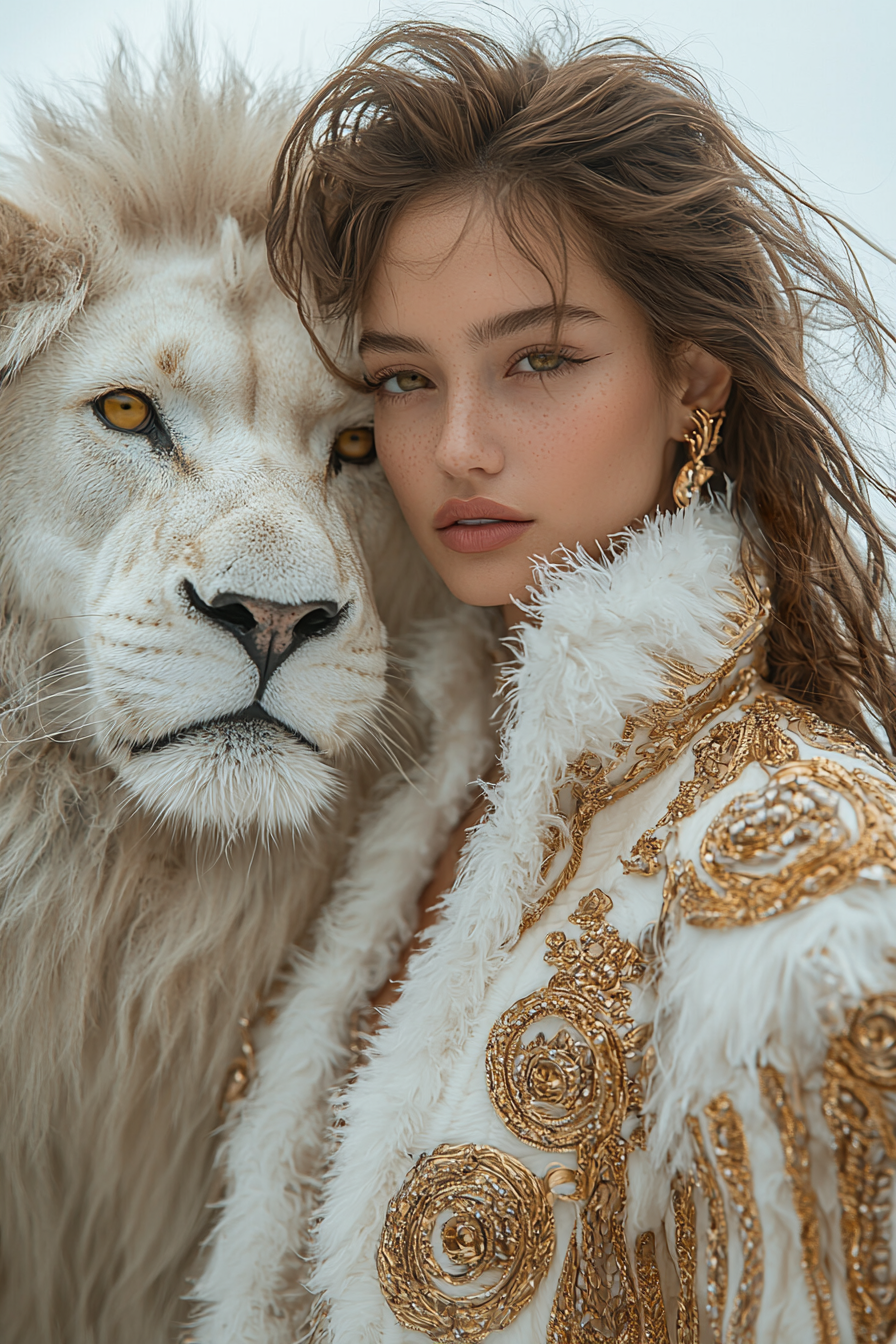 Futuristic fashion model with white lion, high resolution.