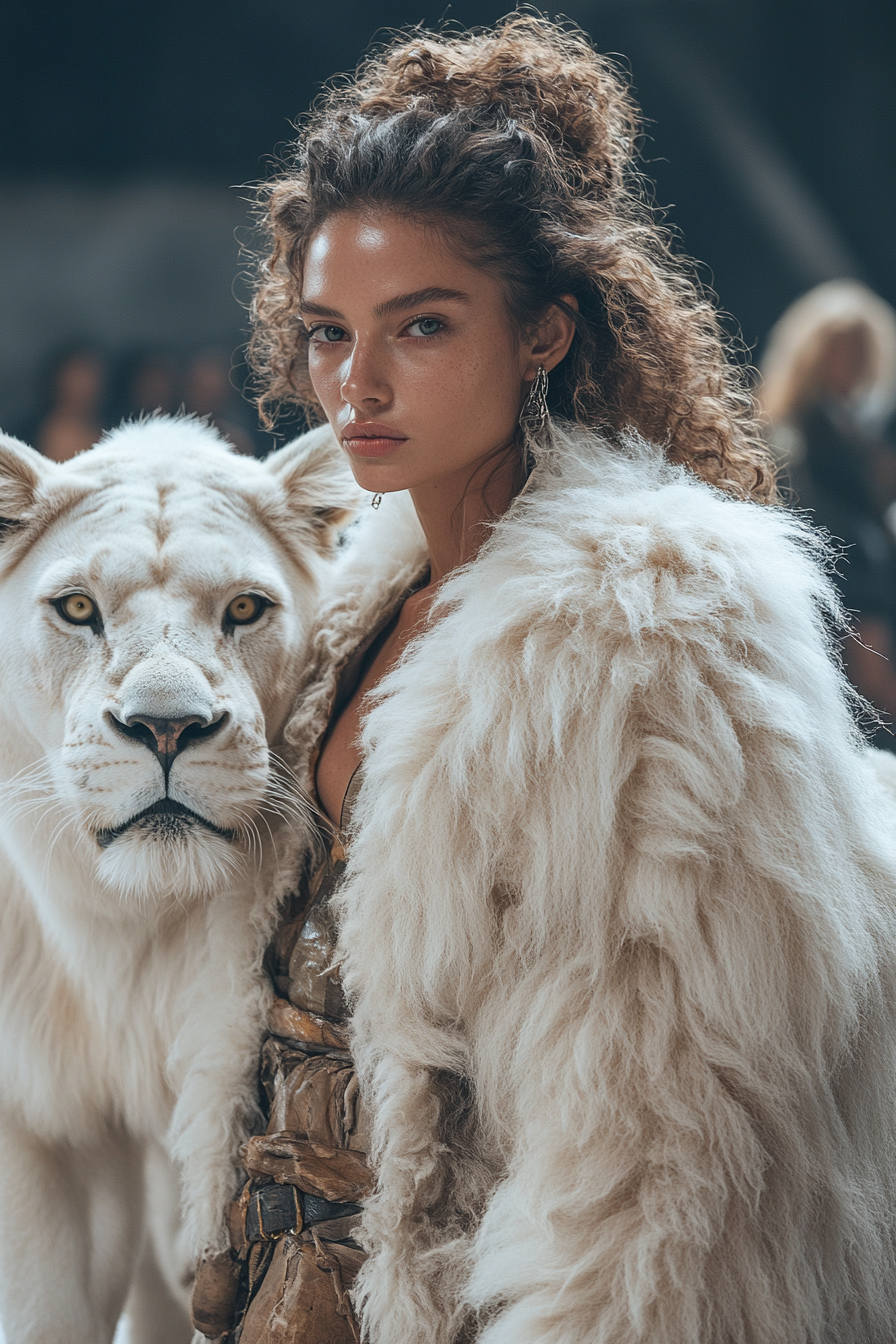 Futuristic fashion week with amazonian warrior and white lion.