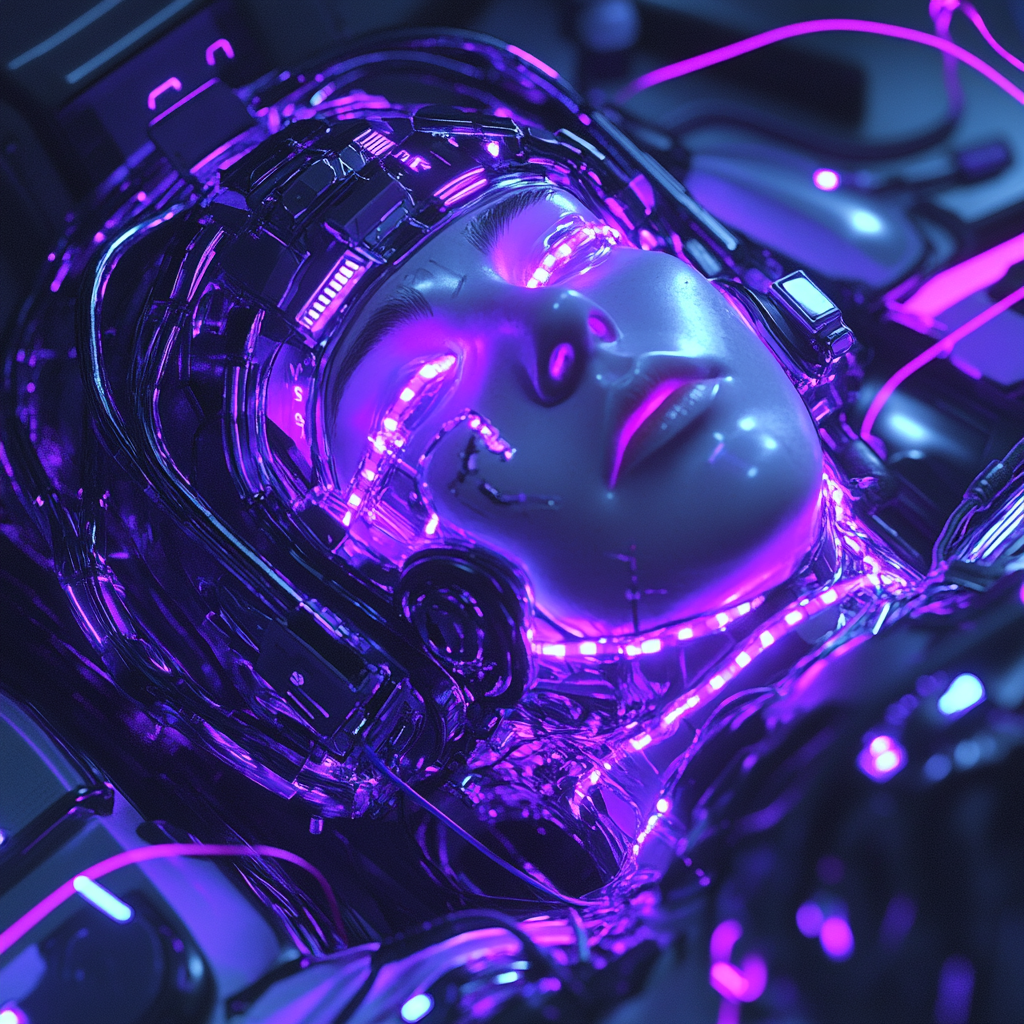 Futuristic female cyborg sleeping in sci-fi pod.