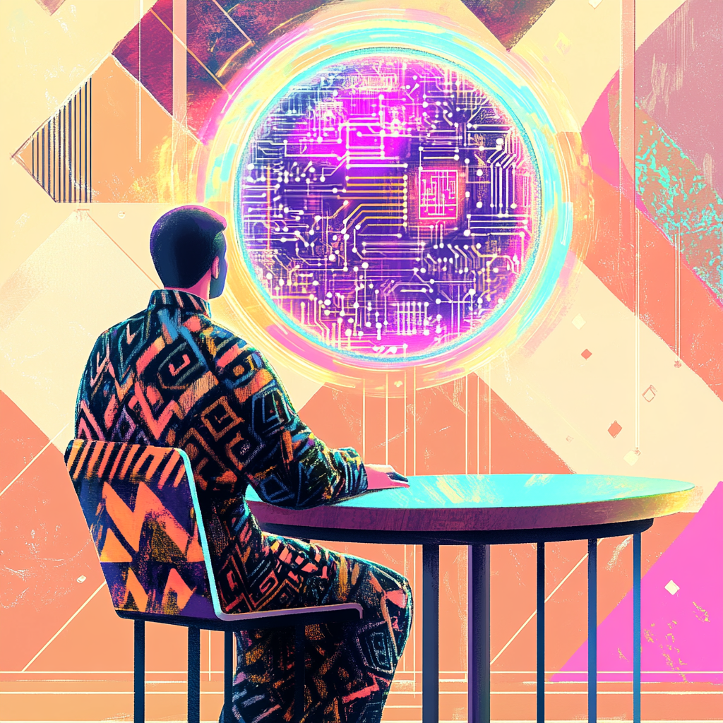 Futuristic fortune teller with glowing crystal ball.