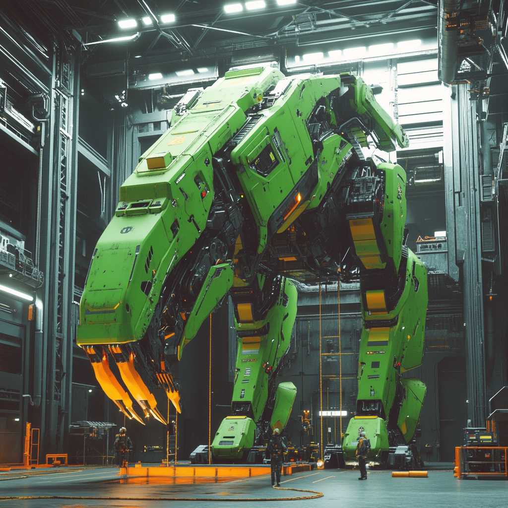 Futuristic green mech dinosaur prepared for launch