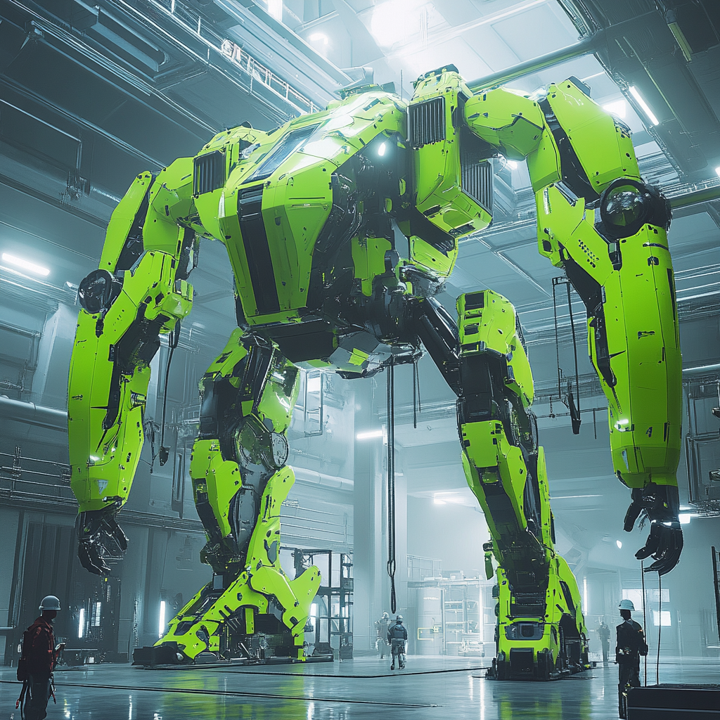 Futuristic green mech getting ready for launch