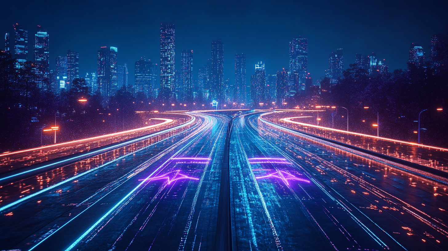 Futuristic head-up display on road with cyberpunk design.