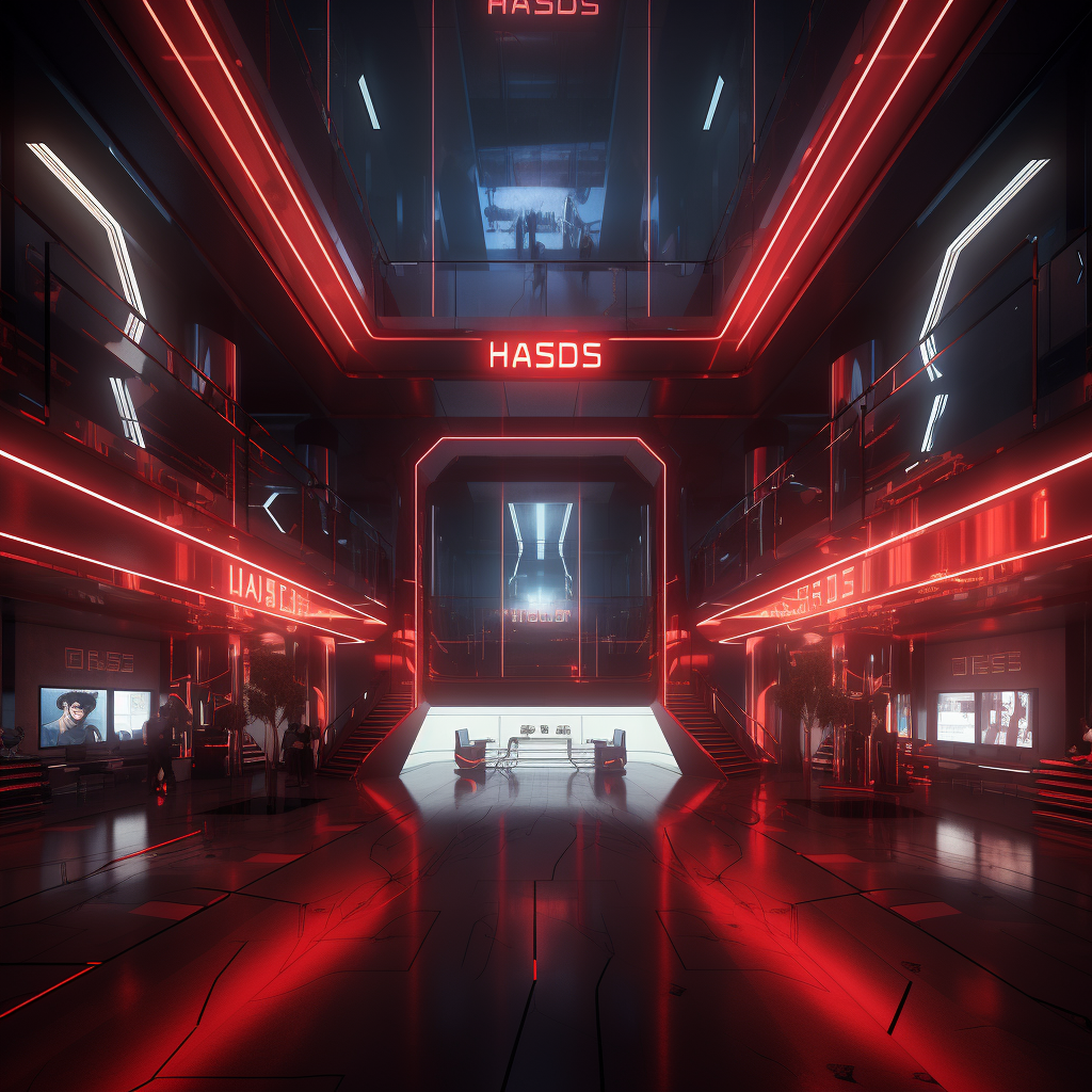 Futuristic heist setting with cyberpunk architecture, digital masks.