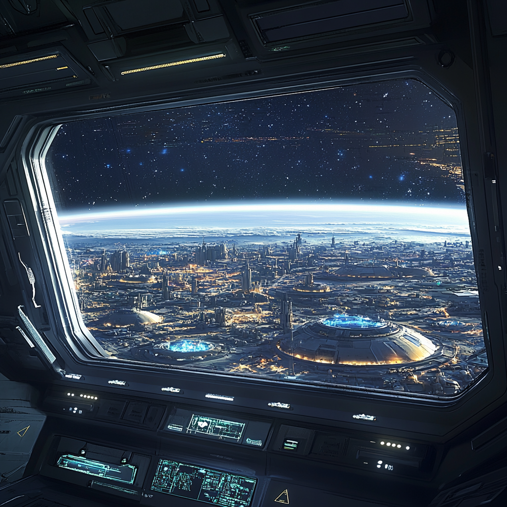 Futuristic image from spaceship window showing space colony.