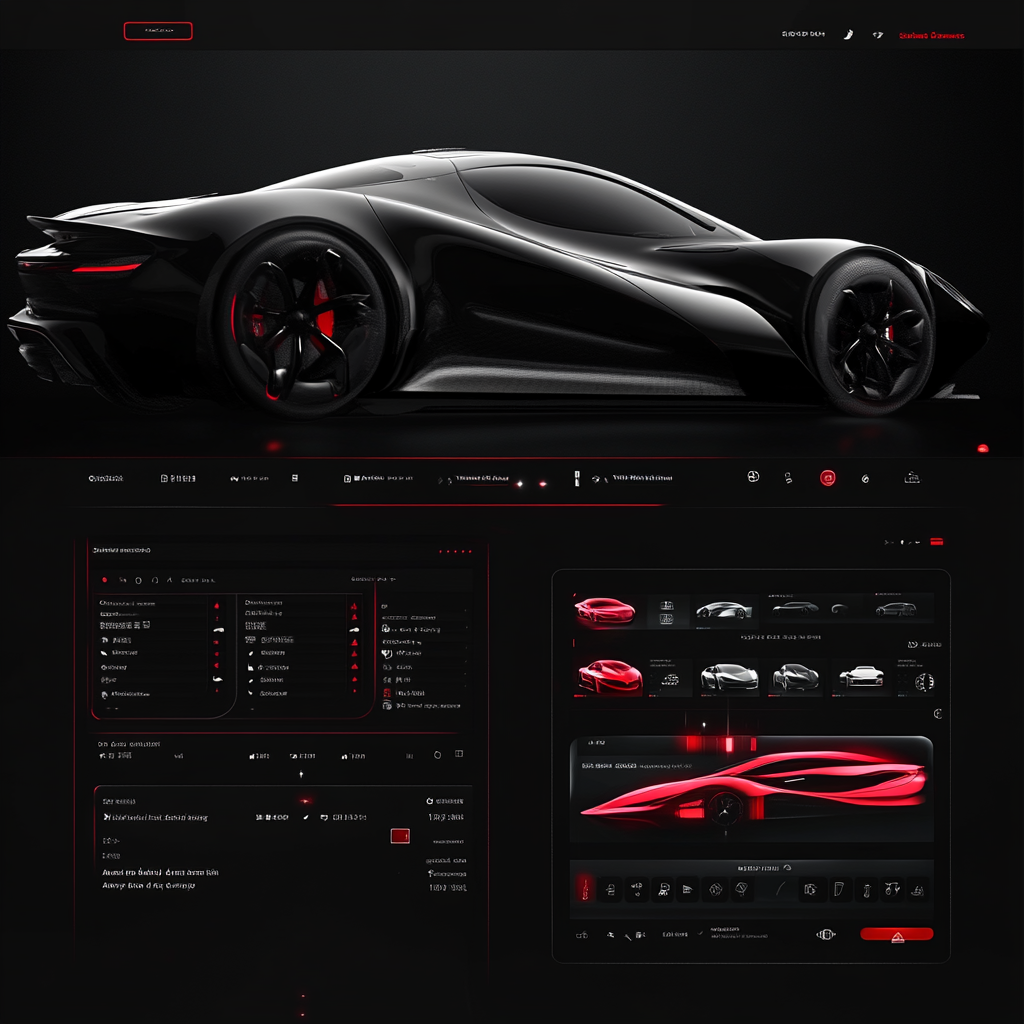 Futuristic interface for sports car brand in red, black.