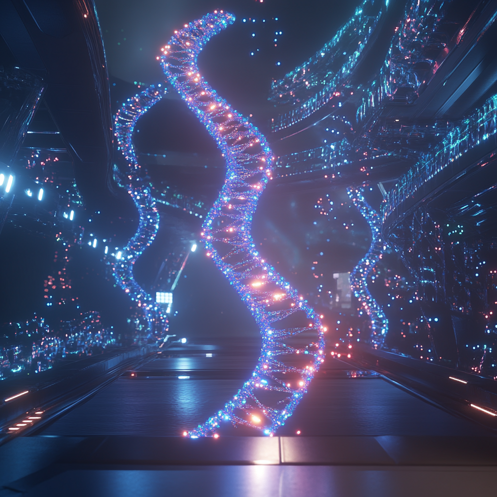 Futuristic lab setting with glowing single-stranded RNA helix.