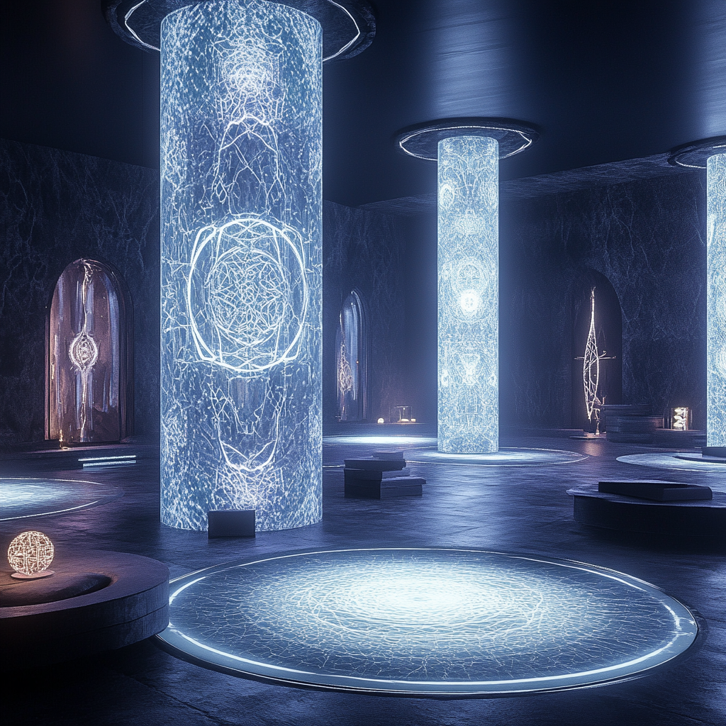 Futuristic laboratory with spiritual energy symbols, interactive totems.