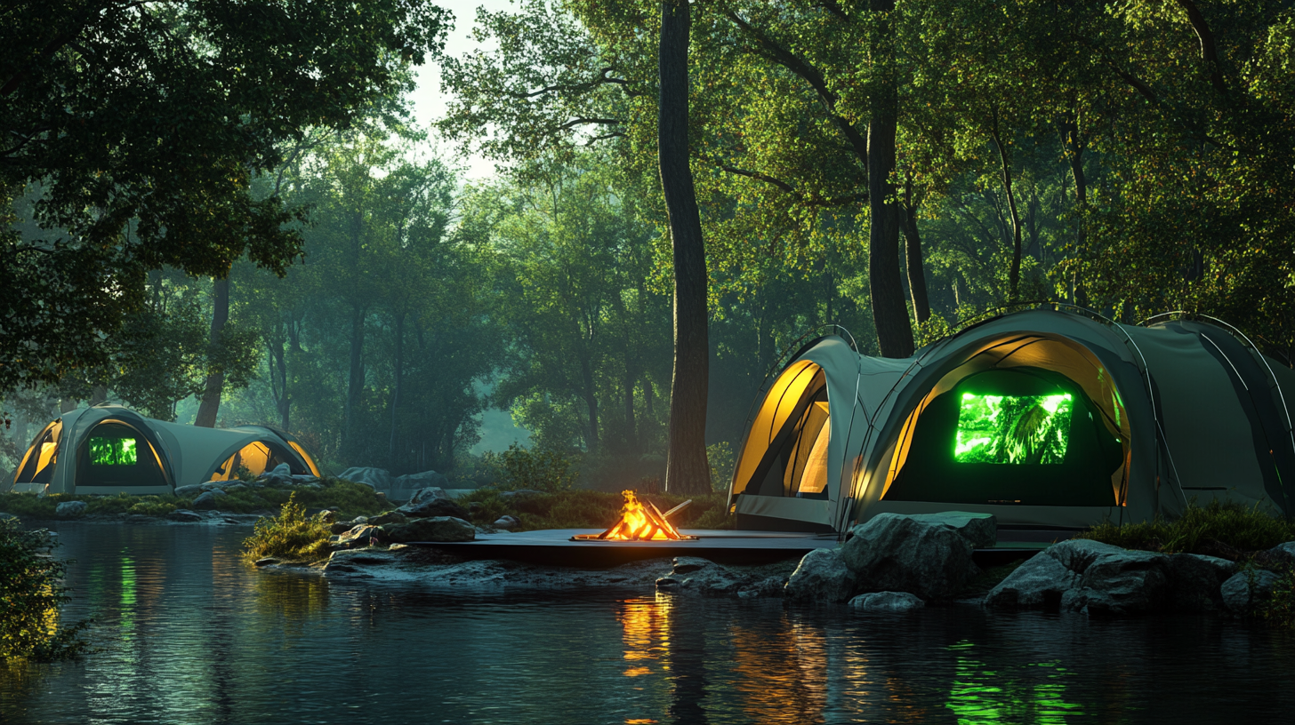 Futuristic lakeside campsite with holographic fire and tents