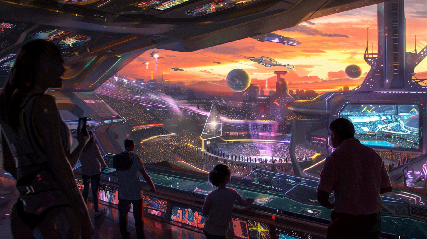 Futuristic landscape with vibrant buildings and electronic sports games.