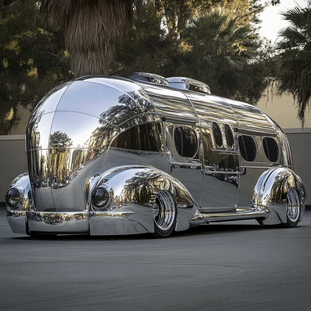 Futuristic low rider airstream trailer and truck in East LA.