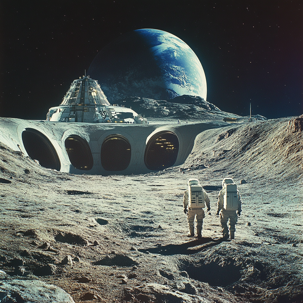 Futuristic lunar base with astronauts and Earth view.