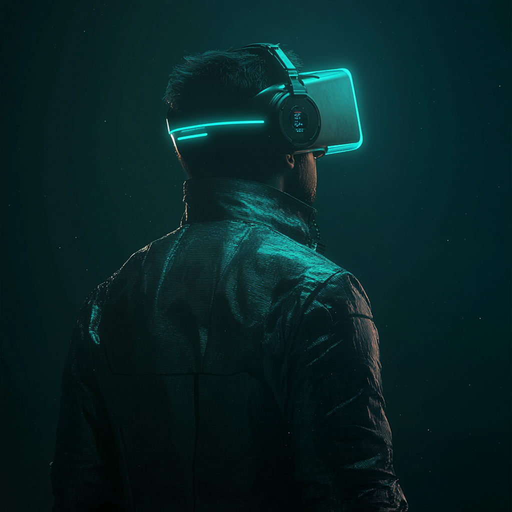 Futuristic man in VR helmet surrounded by neon.