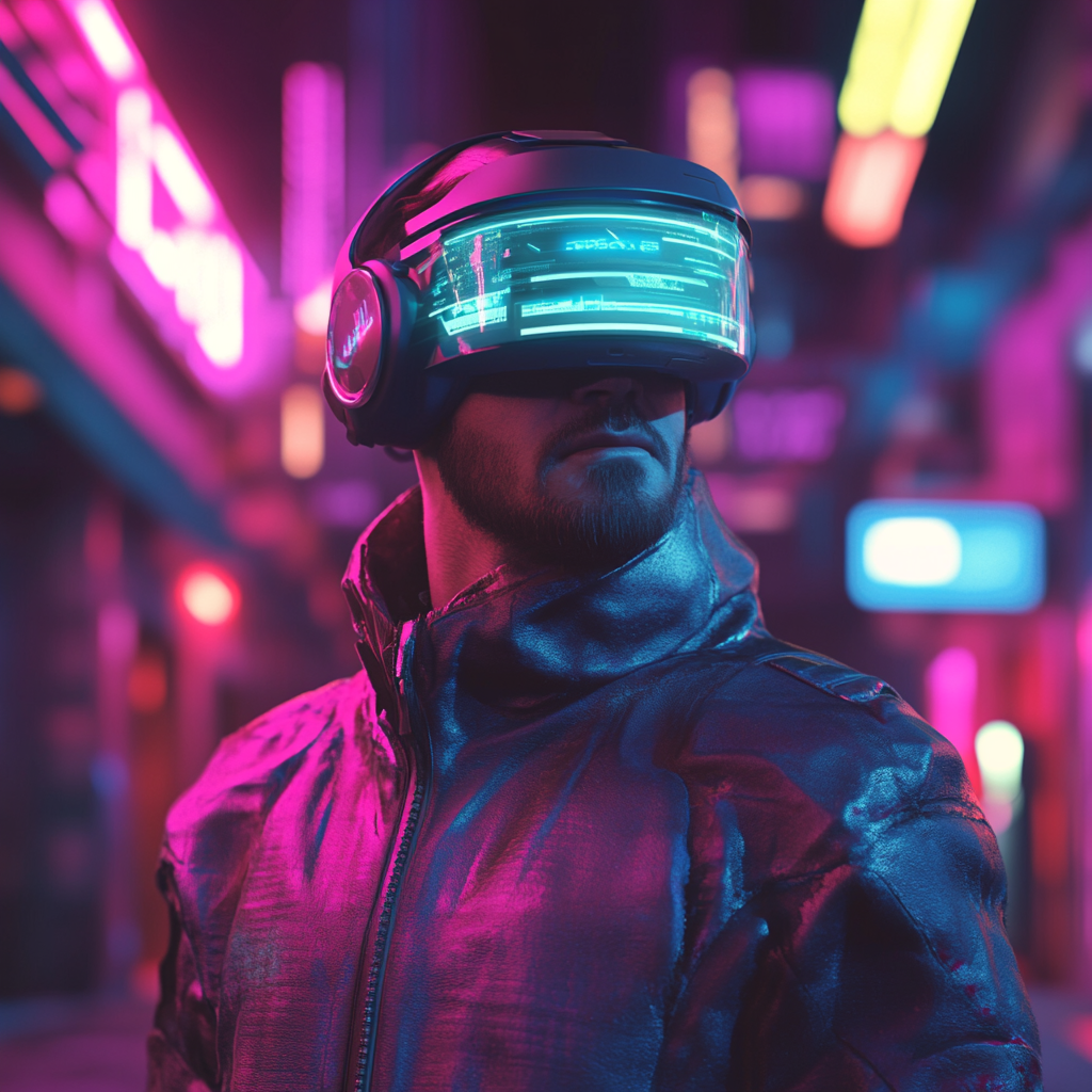 Futuristic man in virtual reality, surrounded by neon.